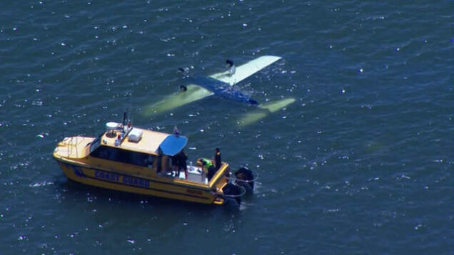 The crashed plane floating in the waters near Brisbane