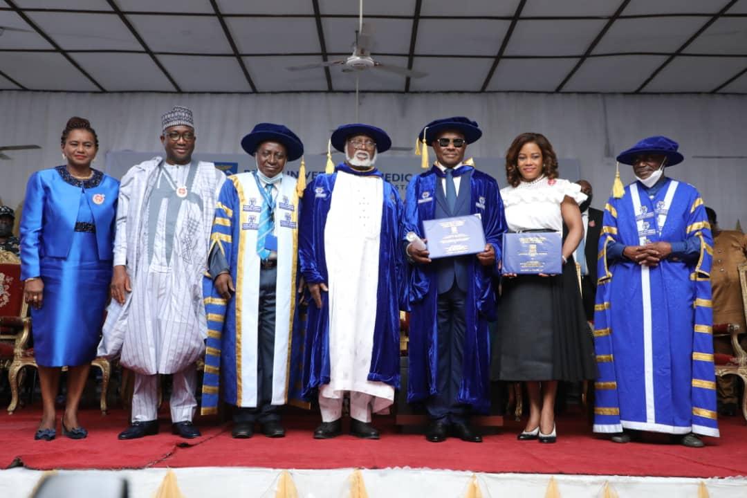 L-R: Dep Gov of Rivers State, Dr. Ipalibo Harry-Banigo; Dep Gov of Niger State, Ahmed Muhammad Ketso; Vice Chancellor of PAMO University, Professor Michael F.E. Diejomaoh; former Head of State, General Abdulsalami A. Abubakar; Gov of Rivers State, Nyesom Ezenwo Wike, Hon. Justice Eberechi Suzzette Nyesom-Wike and Pro- Chancellor and Chairman of PUMS Governing Council, Dr. Peter Odili at the first convocation ceremony of PUMS, Port Harcourt, where Gen Abubakar and Gov Wike were conferred with honorary doctorate  degrees on Saturday