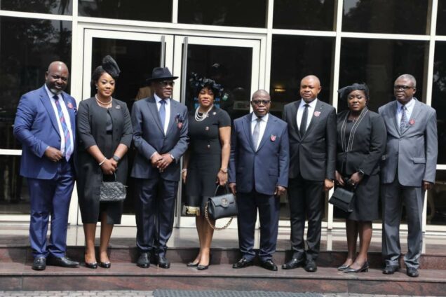 L-R: Hon. Justice Daketima G. Kio; Hon. Justice Chinelo C. Odili; Governor of Rivers State, Nyesom Ezenwo Wike; Hon. Justice Eberechi Suzzette Nyesom-Wike; Chief Judge of Rivers State, Hon. Justice Simeon C.Amadi; Hon. Justice Popnen S.Sunday and  Hon. Justice Ihenacho Wilfred Obuzor, Acting President of the Rivers State Customary Court of Appeal, after the swearing in of Sunday, Kio, Nsirim and Odili as judges of Rivers State High Court at Government House, Port Harcourt on Friday.