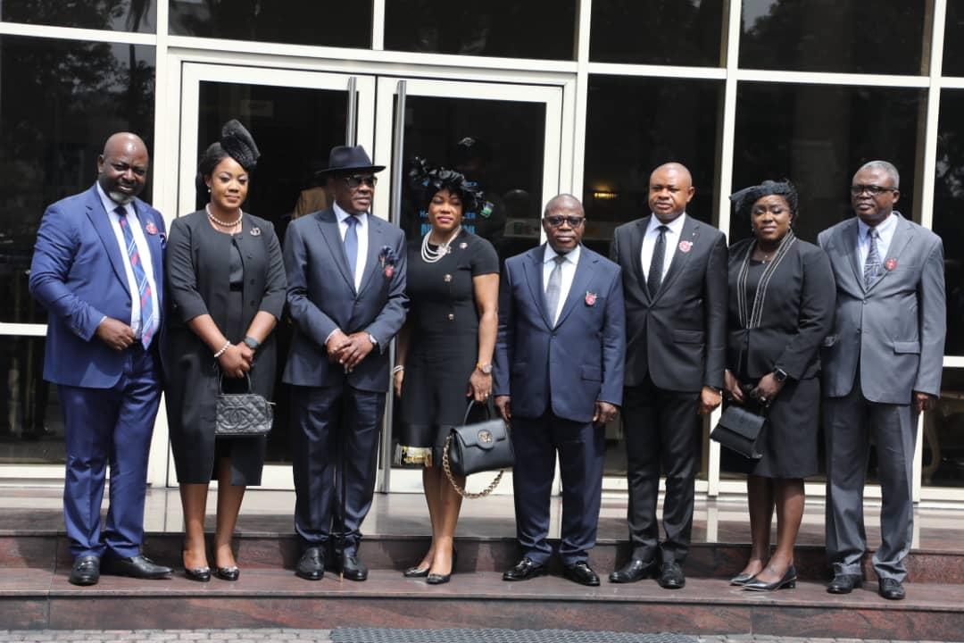 L-R: Hon. Justice Daketima G. Kio; Hon. Justice Chinelo C. Odili; Governor of Rivers State, Nyesom Ezenwo Wike; Hon. Justice Eberechi Suzzette Nyesom-Wike; Chief Judge of Rivers State, Hon. Justice Simeon C.Amadi; Hon. Justice Popnen S.Sunday and Hon. Justice Ihenacho Wilfred Obuzor, Acting President of the Rivers State Customary Court of Appeal, after the swearing in of Sunday, Kio, Nsirim and Odili as judges of Rivers State High Court at Government House, Port Harcourt on Friday.