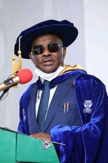Governor Nyesom Wike speaking  at the first convocation ceremony of PUMS, Port Harcourt, where Gen Abubakar and Gov Wike were conferred with honorary doctorate  degrees on Saturday