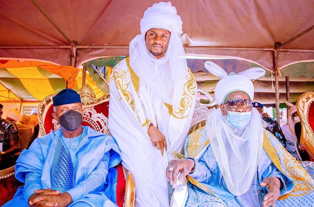 Vice President Yemi Osinbajo, Emir of Daura, Alhaji Farouk Umar and Yusuf Buhari, the only son of President Muhammadu Buhari who was turbaned as Talban Daura and district head of Kwasarawa community in Katsina State on Saturday