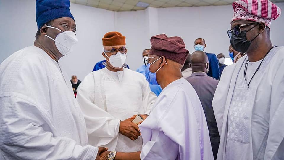 First son of the deceased, Wale Babalaki, Governors Dapo Abiodun and Gboyega Oyetola at the Fidau prayers
