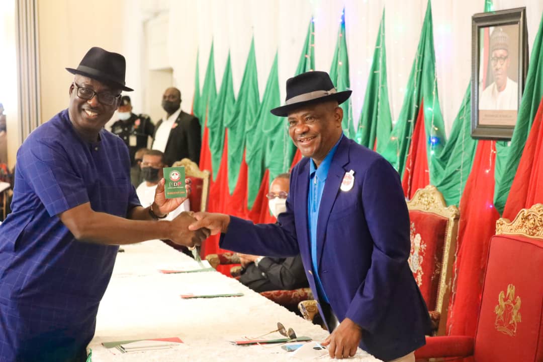 Governor of Rivers State, Nyesom Ezenwo Wike (right) receiving former Deputy Speaker of House of Representatives, Rt. Hon. Chibudom Nwuche (left) at the Government House, Port Harcourt on Friday as he rejoins the Peoples Democratic Party (PDP).
