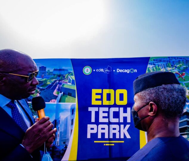 Obaseki and Osinbajo at Edo Tech Park: Osinbajo says African Development Bank (AfDB)’s 600 million dollars support fund for digital and creative enterprise in Nigeria will be ready by early 2022.