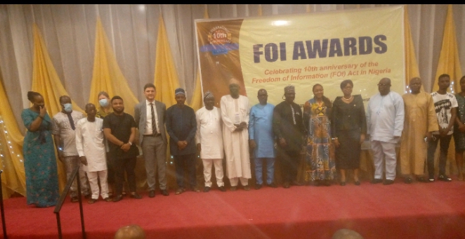 Group photograph of recipients of Freedom of Information (FOI) Acts awards on Friday in Abuja.