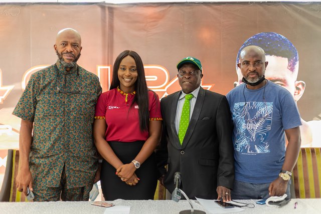 L-R: Jenkins Alumona, CEO Flykite Productions; Jennifer Ukoh-Osamwonyi , Public Relations Manager, GOtv Nigeria; Rafiu Ladipo, President, Nigeria Boxing Board of Control (NBB of C); and Remi Aboderin, Secretary General of NBB of C at the press conference of the GOtv Boxing Night 24 held in Lagos