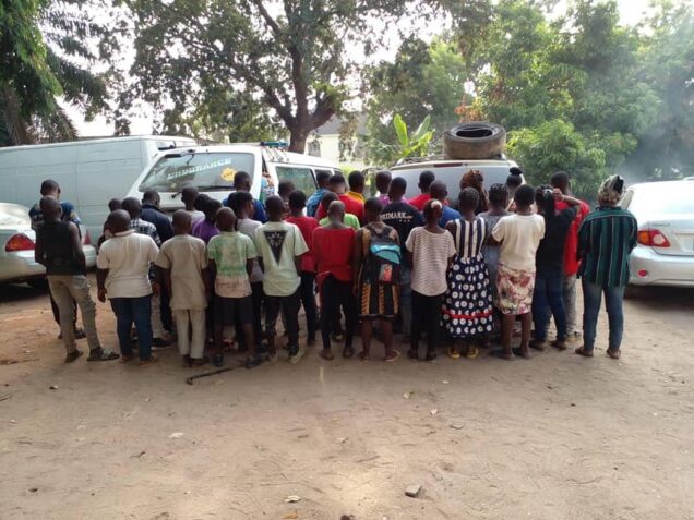 The 34 children recovered by officials of National Drug Law Enforcement Agency, NDLEA from suspected human trafficking syndicate from Ogun State along the Okene-Lokoja Expressway, Kogi State last Thursday.