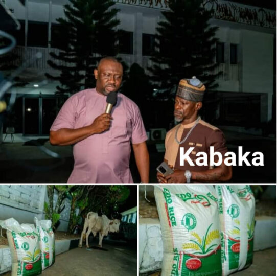 Governor Obaseki who was represented by his Chief of Staff,  Mr. Osaigbovo Iyoha presenting the rice and cow gifts to Mr. Tony Kabaka