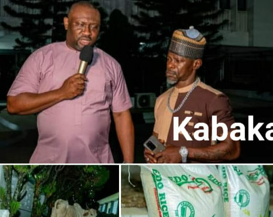 Governor Obaseki who was represented by his Chief of Staff, Mr. Osaigbovo Iyoha presenting the rice and cow gifts to Mr. Tony Kabaka