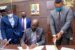 Deputy Governor, Philip Shaibu; Governor Godwin Obaseki, and Speaker Marcus Onobun during the signing of Edo 2022 Budget into law on Wednesday