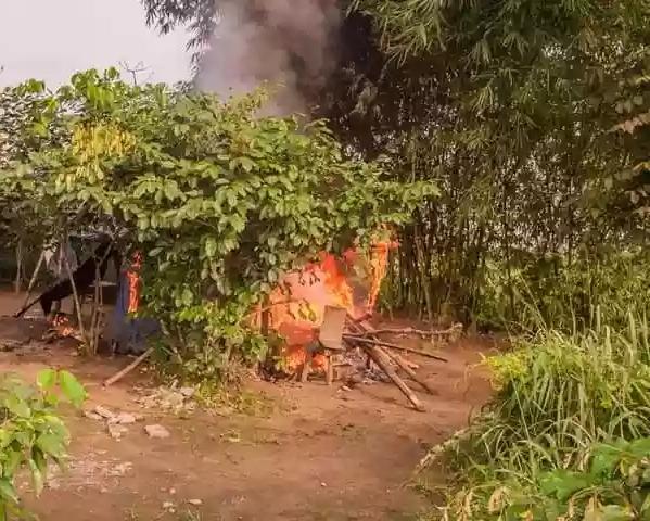 The criminal hideout set ablaze during the raid by  Eleme and Alesa Youth Council and officers of Rivers Police Command