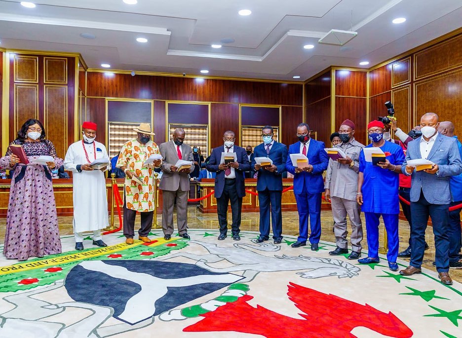 Some of the new commissioners sworn in by Governor Hope Uzodimma on Monday