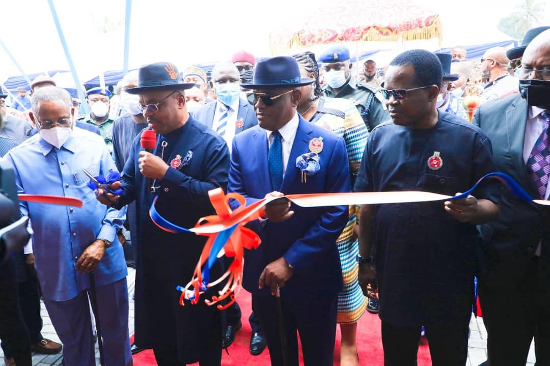 L-R: Former governor of Rivers State, Sir Celestine Omehia; Governor of Akwa-Ibom State, Udom Emmanuel; Governor of Rivers State, Nyesom Ezenwo Wike and the Speaker, Rivers State House of Assembly, Rt. Hon. Ikuinyi Owaji Ibani during the inauguration of the Rivers State Safe Home in Borokiri-Port Harcourt by Governor Emmanuel on Wednesday