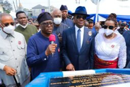 -R: Former governor of Rivers State, Sir Celestine Omehia; Adamawa State Governor,  Rt. Hon. Ahmadu Umaru Fintiri; Governor of Rivers State, Nyesom Ezenwo Wike and his deputy, Dr. Ipalibo Harry-Banigo during the inauguration of the Ezimgbu Road by Governor Fintiri on Monday in Port Harcourt.