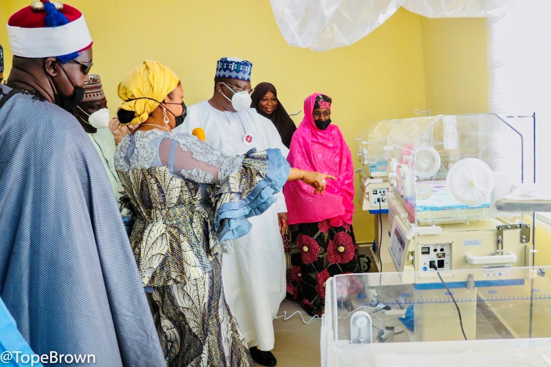 Princess Adejoke Orelope-Adefulire conducting Senate President Ahmad Lawan around the  120-bed Muhammadu Buhari Mother and Child Centre delivered by OSSAP- SDGs in Gashua, Yobe State
