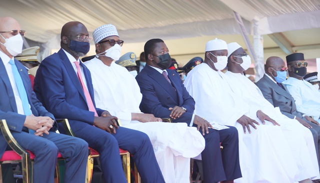 Nigerian President with Weah at Barrow's inauguration