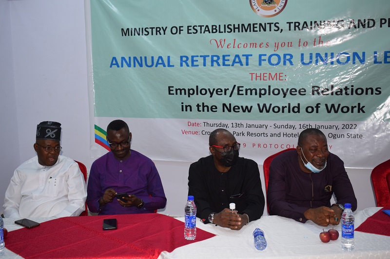 From L-R: Permanent Secretary, Office of Establishments and Training, Dr. Biodun Onayele; Representative of the Lagos Head of Service and Permanent Secretary, Punlic Service Office, Mr. Samson Ajibade; Special.Adviser on Labour and Industrial Relations, Hon. Babatunde William's; Chairman Joint Public Service Negotiating Council, Comrade Olusegun Balogun and the Chairman of Nigeria Labour Congress, Lagos Chapter, Comrade Agnes Sessi at the 3-Day retreat for Union Leaders in Lagos State held at the Crown City Park Resort and Hotel, Agbara Ogun State.