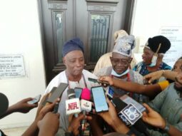 Ladoja flanked by Chief Lekan Balogun speaking to journalists at the end of meeting of Olubadan- in- Council with Governor Seyi Makinde