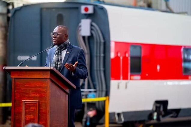 Governor Sanwo Olu speaking at the event organised to mark the sale of the Talgo,  high-speed train to Lagos in  Milwaukee city, US