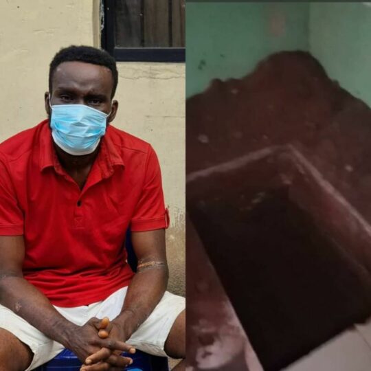 Mr Francis Chukwura and the pit he allegedly dug for the killing of his neighbour’s son, Henry Ekwos