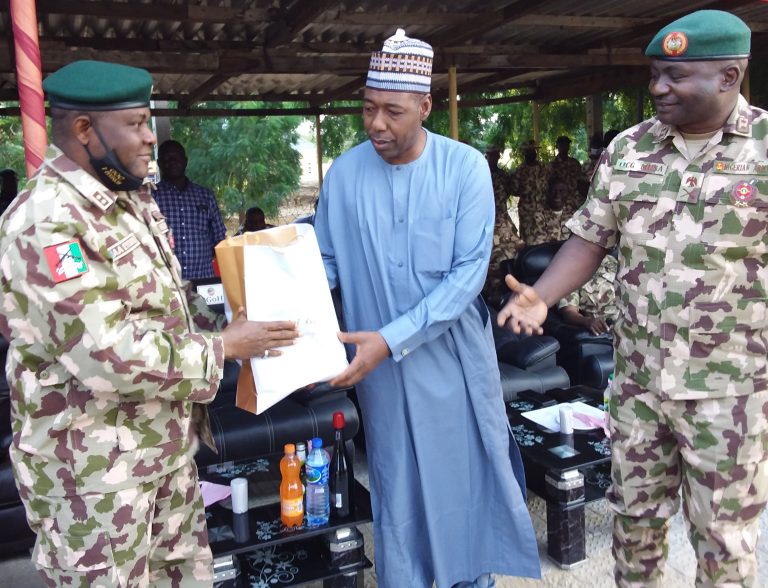 L-R, GOC 7 Division, Eyitayo, Gov. Zulum, Theatre Commander Major General Christopher Musa