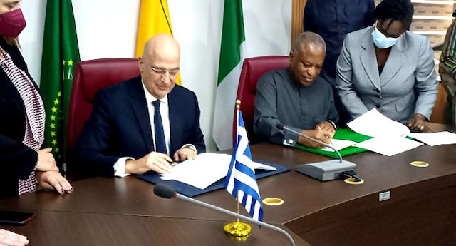 Greek Foreign Affairs Minister, Nikos Dendias and Nigeria's FM Geoffrey Onyeama