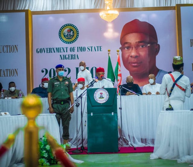 Hope Uzodimma speaks at the stakeholders meeting in Owerri Tuesday