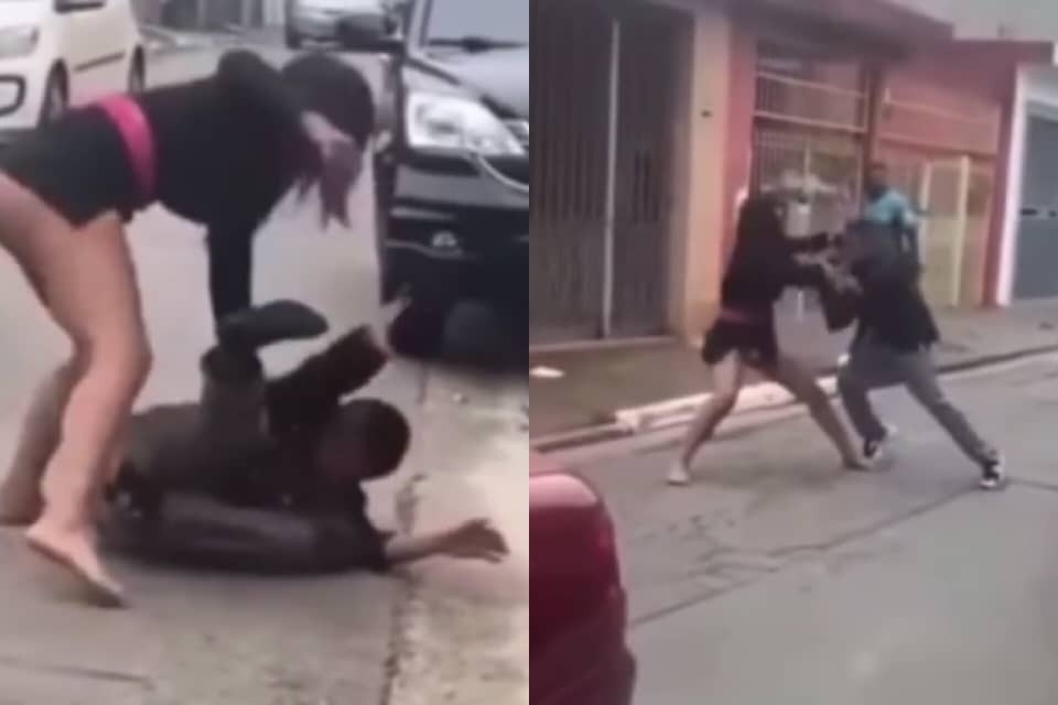 Brutal lady beats man