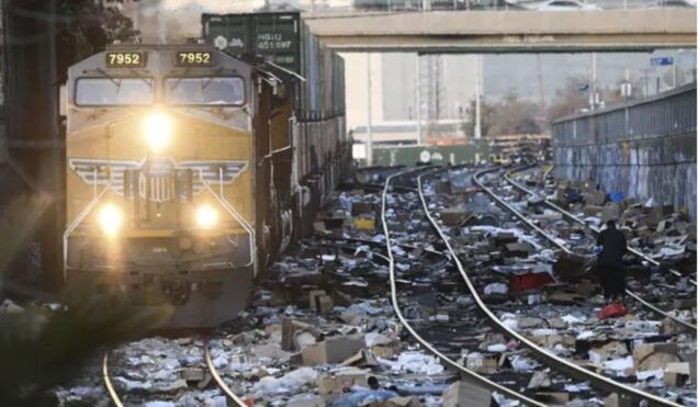 Looted packages litter rail tracks in Los Angeles