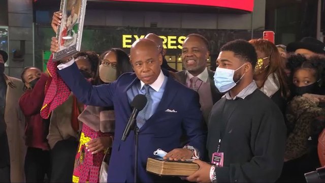 Mayor Eric Adams being sworn in at Times Square New York