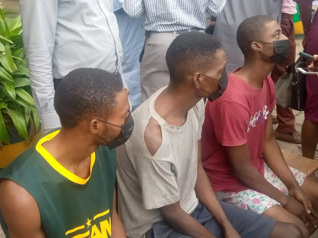 Abdulsalami Ibrahim, Fidelis Ezekiel and Philemon Hussaini paraded by the police as alleged killers of Dr Obisike Ibe, medical practitioner and his friend in Abuja.