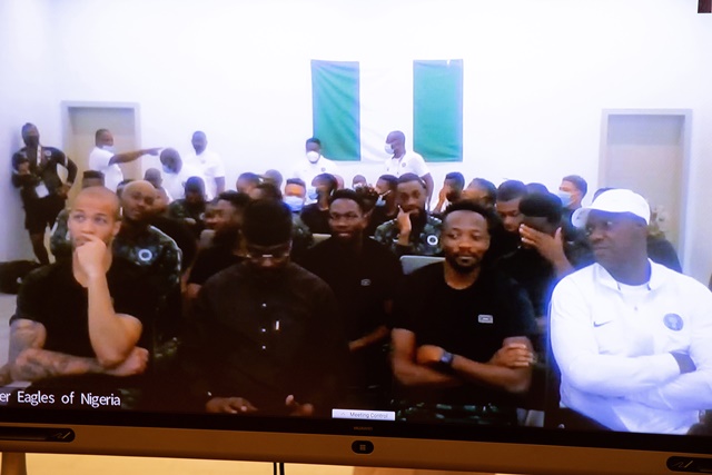 The Super Eagles during the video conference with the president
