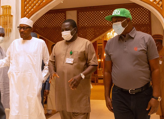 Buhari, Adesina and Dare arriving for the video conference with Super Eagles