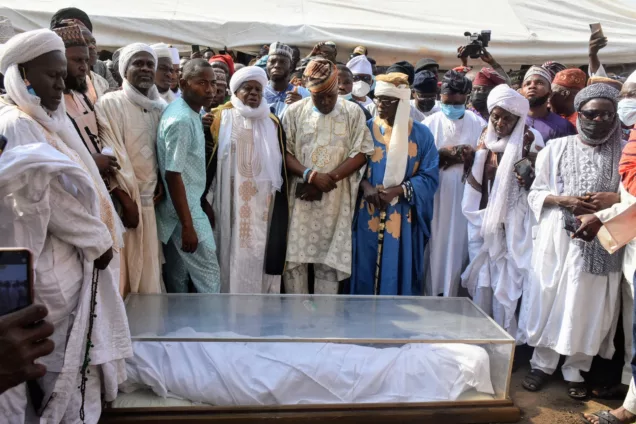 Islamic Clerics praying on the remains of Olubadan of Ibadan, Oba Adetunji before his final interment on Sunday