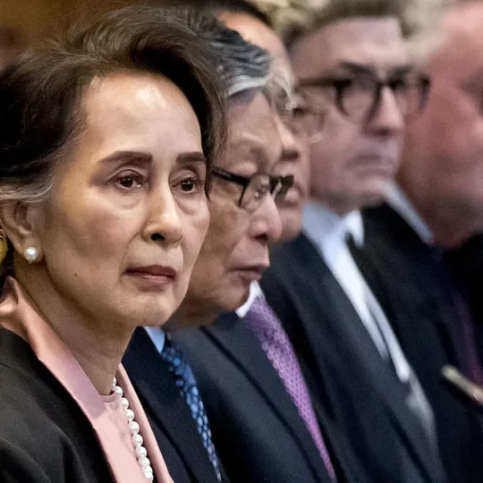 Deposed Myanmar’s leader Aung San Suu Kyi attends a hearing in a case filed by Gambia against Myanmar alleging genocide against the minority Muslim Rohingya population, at the International Court of Justice (ICJ) in The Hague, Netherlands Dec. 10, 2019. REUTERS/Yves Herman.