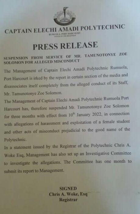 Letter from Captain Elechi Amadi Polytechnic, Rumuola suspending Mr. Zoe Tamunotonye  Solomon for three months for alleged sexual harassment of female student.