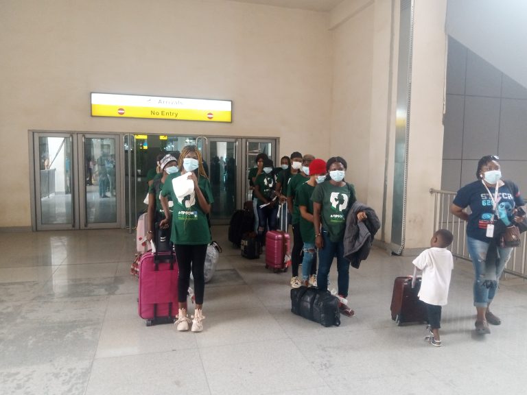 The trafficked Nigerian girls who returned back to the country on Sunday at the Nnamdi Azikiwe Airport, Abuja.