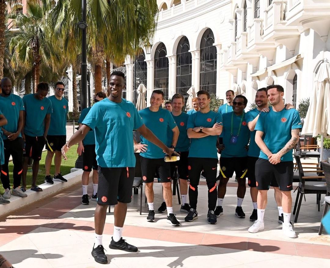 Mendy with Chelsea players in Dubai