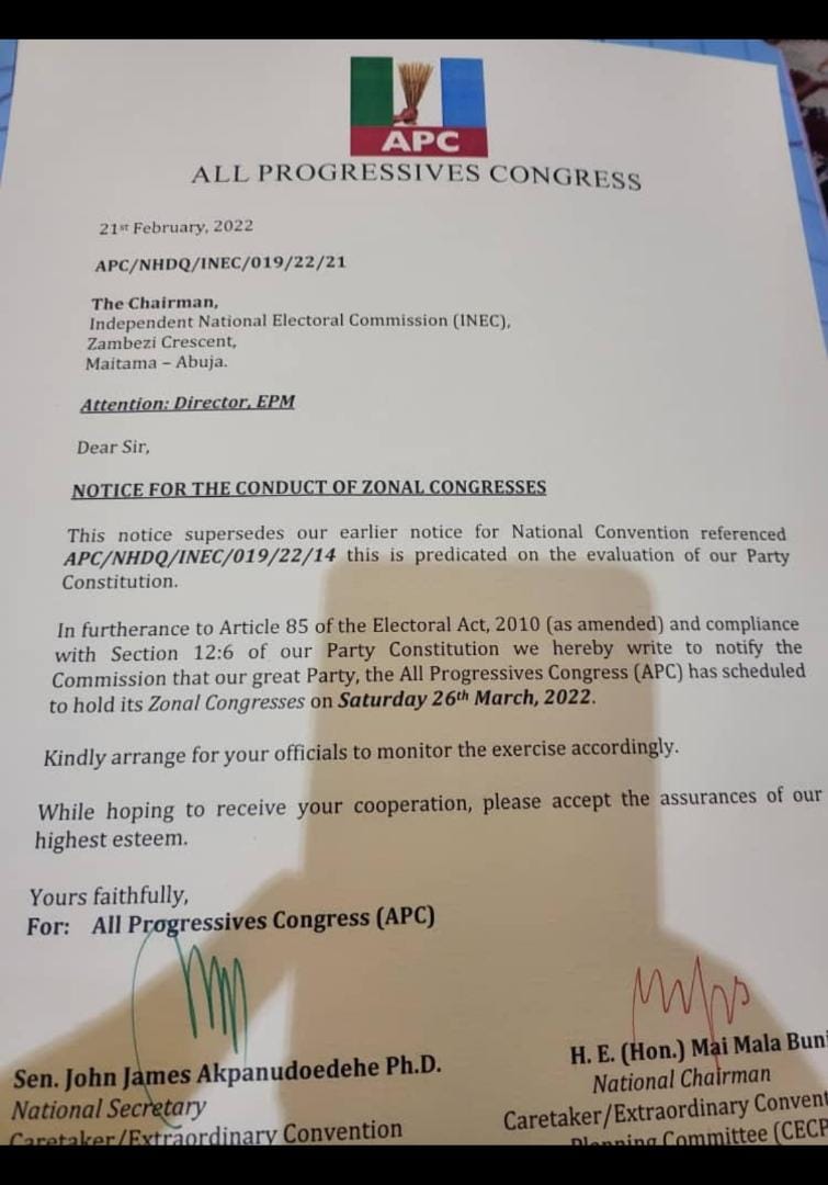 APC letter to INEC on convention