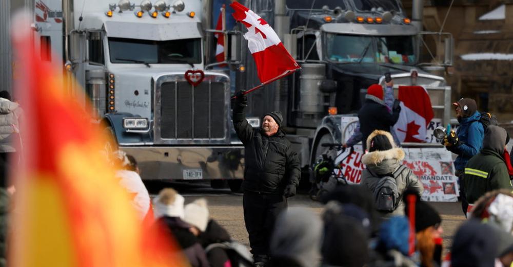Anti-vaccine protesters in front of Parliament Hill in Ottawa, Ontario, Canada