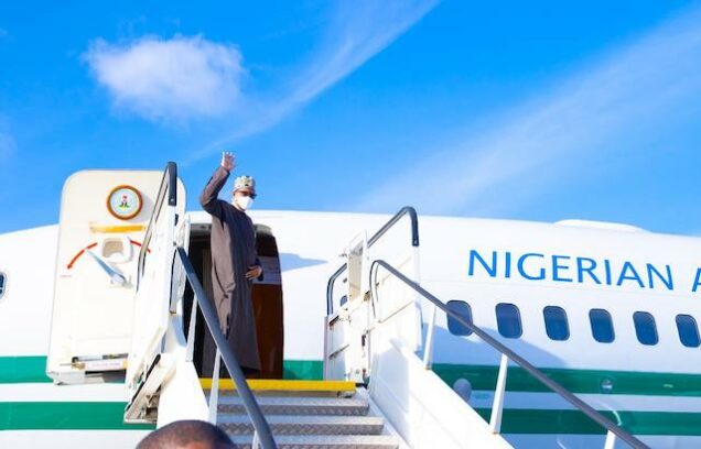 Buhari at the Abelag:Luxaviation Airport on Saturday