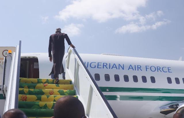 Buhari boards his Nigerian  Air Force  plane home 
