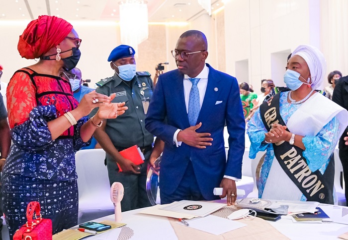 First Lady of Ogun State, Mrs Bamidele Abiodun; Lagos State Governor, Mr Babajide Sanwo-Olu, and his wife/Grand Patron of the Social Welfare Integrated Program Initiative (SWIPI), Dr. Ibijoke Sanwo-Olu, during the launch of SWIPI at Marriott Hotel, GRA, Ikeja, on Thursday, February 3, 2022.