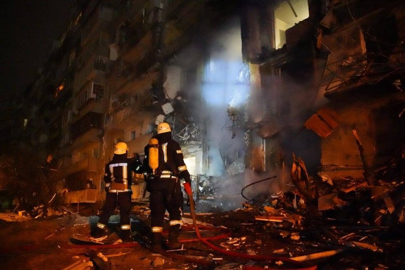 Firefighters outside a residential building in Kyiv, Ukraine, on Friday. (Provided by Anton Gerashchenko)