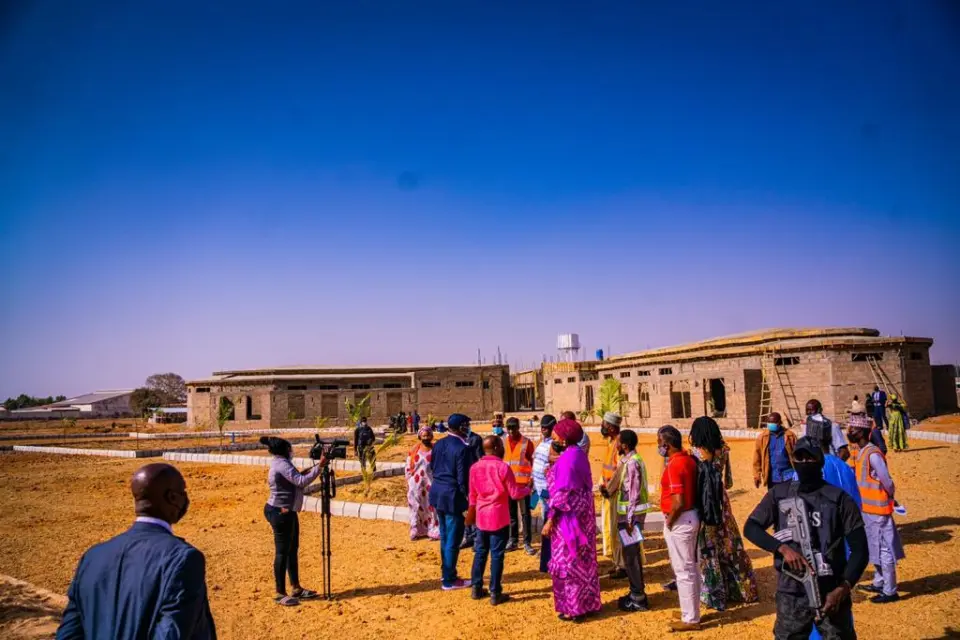 Mr Olamilekan Adegbite, the Minister of Mines and Steel Development, and other officials inspecting the on-going construction of the souk in Kumbotso Local Government Area of Kano State