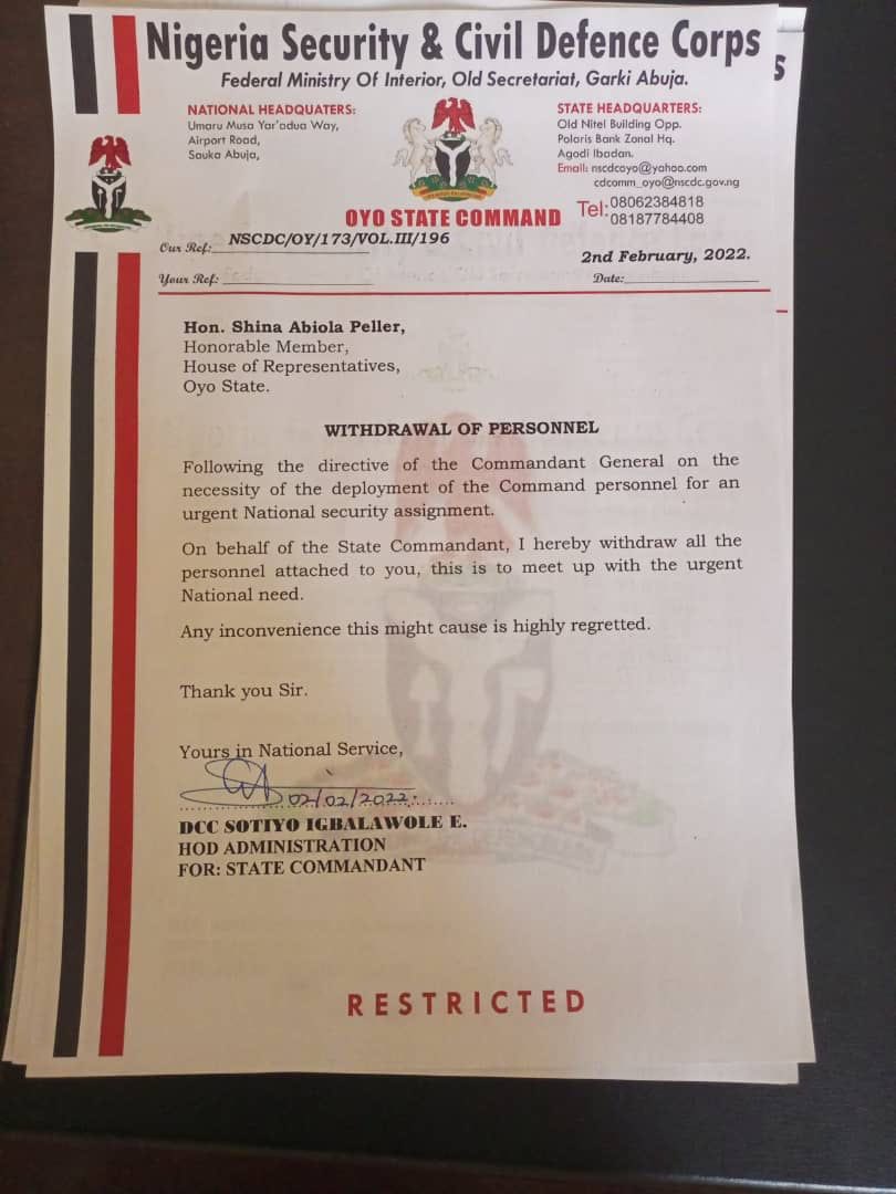 NSCDC letter to Peller