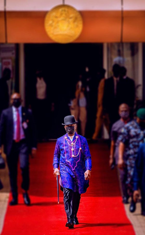Vice President Yemi Osinbajo dazzles in Ijaw outfit complimented with a hat and walking stick during his during engagements in Bayelsa