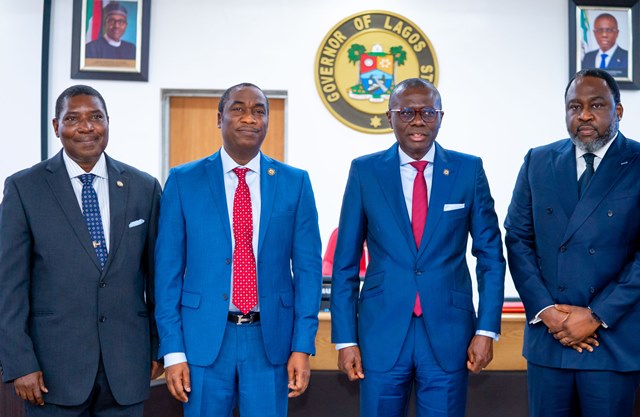 L-R: Special Adviser on Agriculture (Rice Mill Initiative), Dr. Oluwarotimi Fashola; Lagos State Deputy Governor, Dr. Obafemi Hamzat; Governor Babajide Sanwo-Olu and Special Adviser, Public Private Partnerships (PPP), Mr. Ope George, during the swearing in of the two new EXCO members, at the Lagos House, Alausa, Ikeja, on Monday