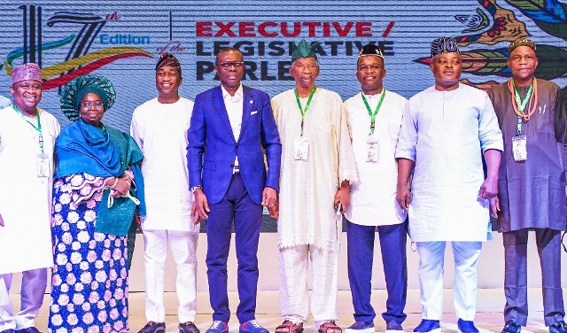 L-R: Senator Olamilekan Adeola; Ex-Deputy Governor of Lagos State, Dr. (Mrs) Oluranti Adebule; Lagos Deputy Governor, Dr. Obafemi Hamzat; Governor Babajide Sanwo-Olu; APC Chieftain, Prince Tajudeen Olusi; Senator Tokunbo Abiru; the Speaker, Lagos House of Assembly, Rt. Hon. Mudashiru Obasa and Chairman, APC Lagos, Hon. Cornelius Ojelabi during the opening of a 3-day Executive/Legislative parley, at the Marriott Hotels, Ikeja, on Friday